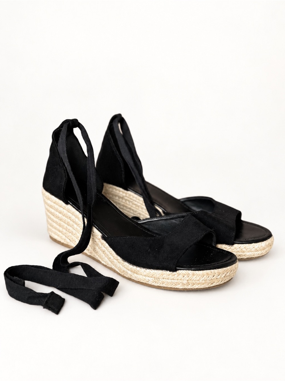 Black Ankle-Tie Espadrille Wedge Sandals Size 43 - Picture 4 of 10